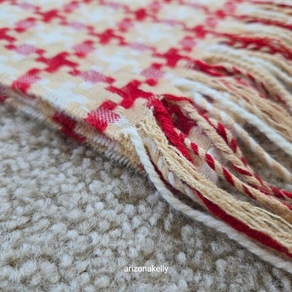 Woven Cashmere Houndstooth Scarf Red Tan White Pink - Picture 12 of 16